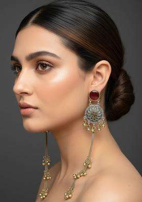 Silver-Plated Oxidised Red Artificial Stones & Beads Studded Geometric Kashmiri Long Drop Earrings for Women | Traditional Ethnic Jewellery for Wedding & Festive Wear | Gift for Her