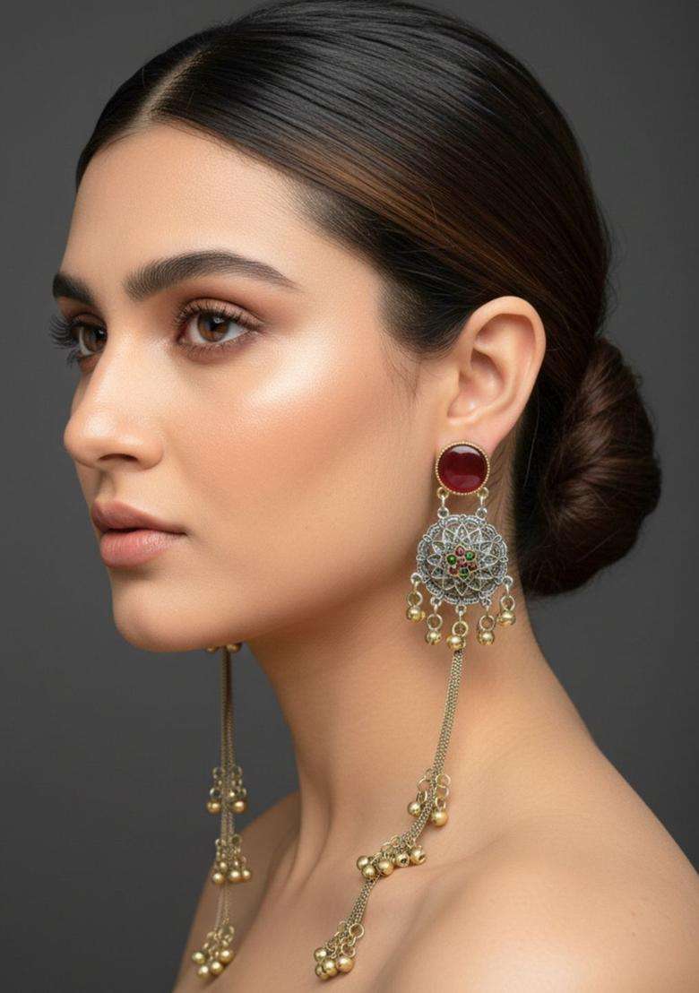 Silver-Plated Oxidised Red Artificial Stones & Beads Studded Geometric Kashmiri Long Drop Earrings for Women | Traditional Ethnic Jewellery for Wedding & Festive Wear | Gift for Her - Indya