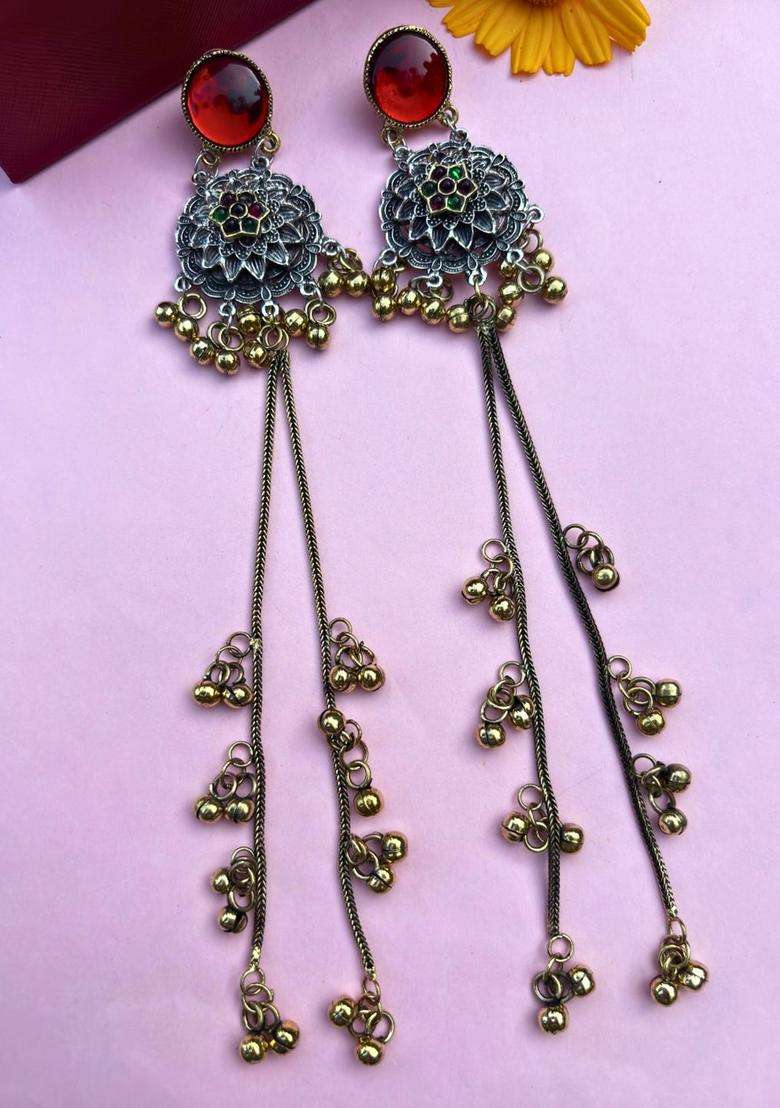 Silver-Plated Oxidised Red Artificial Stones & Beads Studded Geometric Kashmiri Long Drop Earrings for Women | Traditional Ethnic Jewellery for Wedding & Festive Wear | Gift for Her - Indya