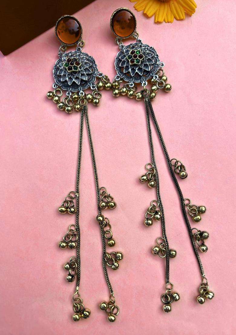 Silver-Plated Oxidised Red Artificial Stones & Beads Studded Geometric Kashmiri Long Drop Earrings for Women | Traditional Ethnic Jewellery for Wedding & Festive Wear | Gift for Her - Indya