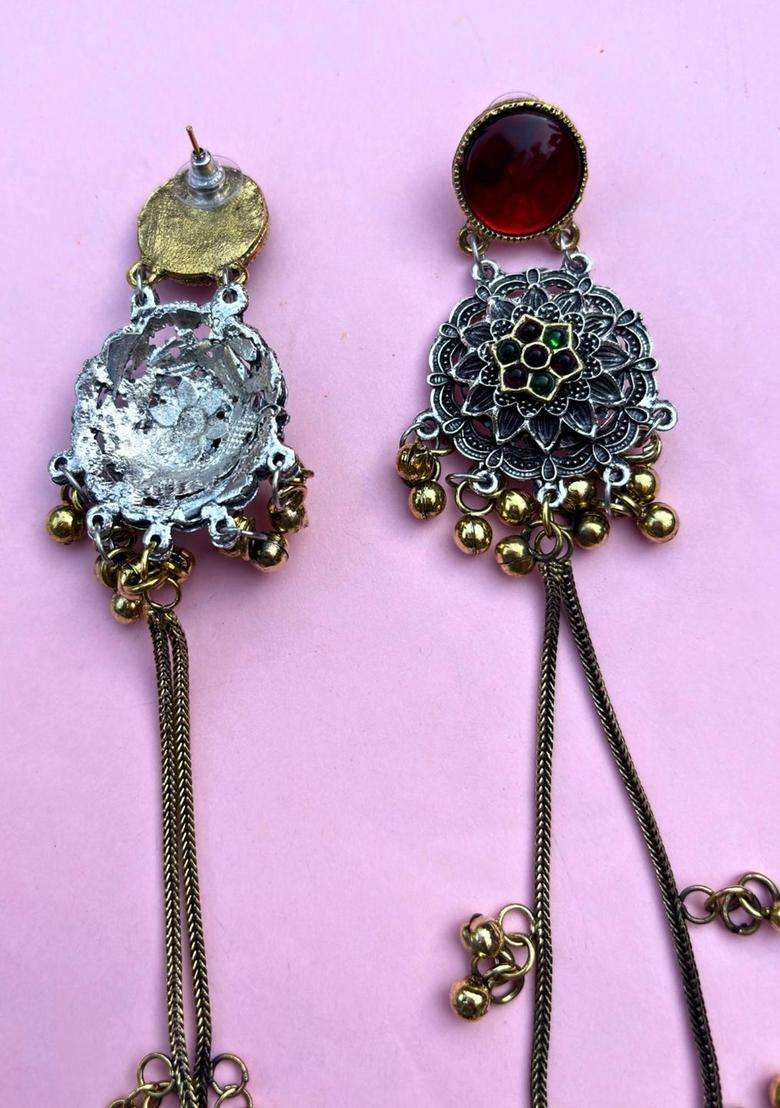 Silver-Plated Oxidised Red Artificial Stones & Beads Studded Geometric Kashmiri Long Drop Earrings for Women | Traditional Ethnic Jewellery for Wedding & Festive Wear | Gift for Her - Indya