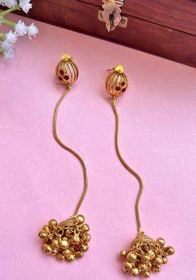 Gold-Plated Red Stone Long Chain Dome Shaped Kashmiri Jhumka Earrings for Women | Traditional Ethnic Jewellery for Wedding & Festive Wear | Gift for Her