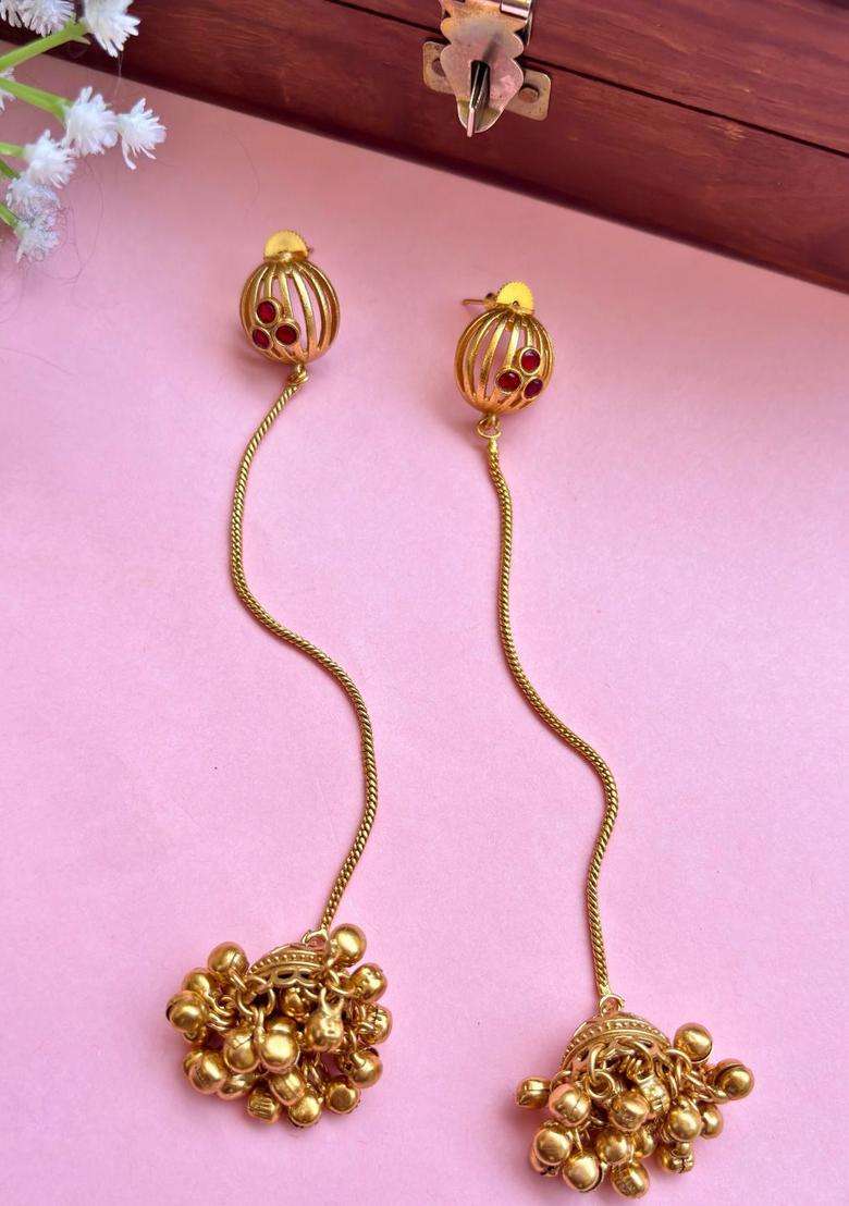 Gold-Plated Red Stone Long Chain Dome Shaped Kashmiri Jhumka Earrings for Women | Traditional Ethnic Jewellery for Wedding & Festive Wear | Gift for Her - Indya