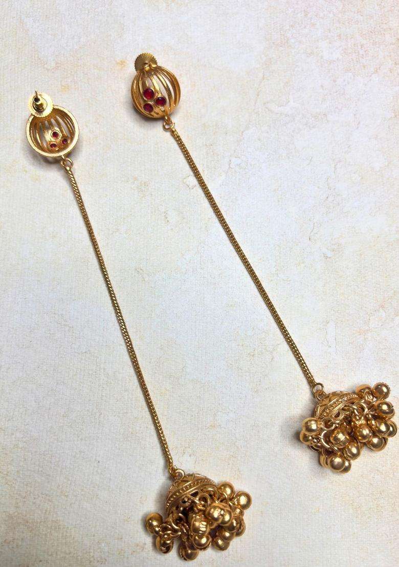 Gold-Plated Red Stone Long Chain Dome Shaped Kashmiri Jhumka Earrings for Women | Traditional Ethnic Jewellery for Wedding & Festive Wear | Gift for Her - Indya