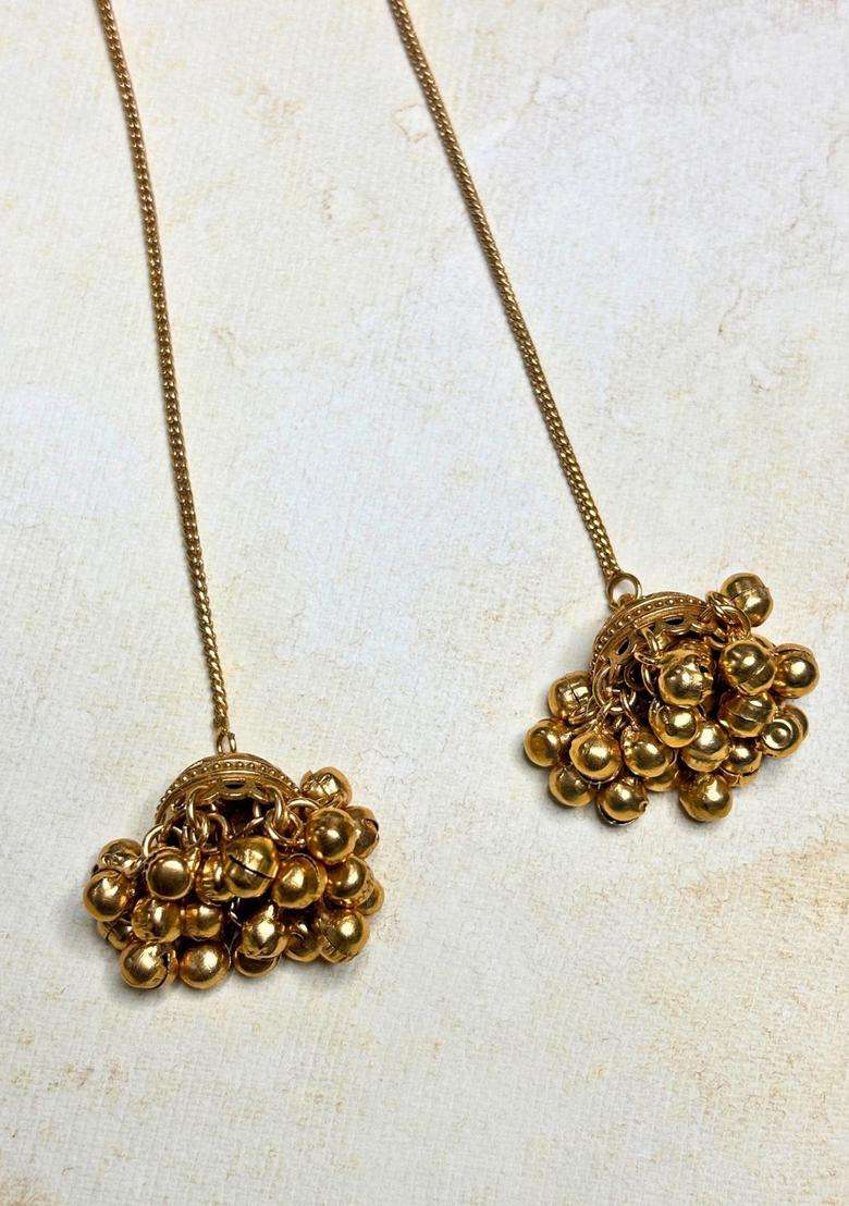 Gold-Plated Red Stone Long Chain Dome Shaped Kashmiri Jhumka Earrings for Women | Traditional Ethnic Jewellery for Wedding & Festive Wear | Gift for Her - Indya
