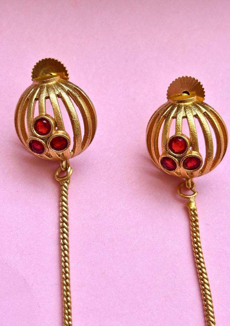 Gold-Plated Red Stone Long Chain Dome Shaped Kashmiri Jhumka Earrings for Women | Traditional Ethnic Jewellery for Wedding & Festive Wear | Gift for Her - Indya