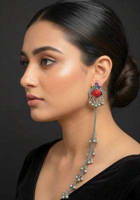 Silver-Plated Oxidised Artificial Stones & Beads Studded Geometric Kashmiri Long Drop Earrings for Women | Traditional Ethnic Jewellery for Wedding & Festive Wear | Gift for Her