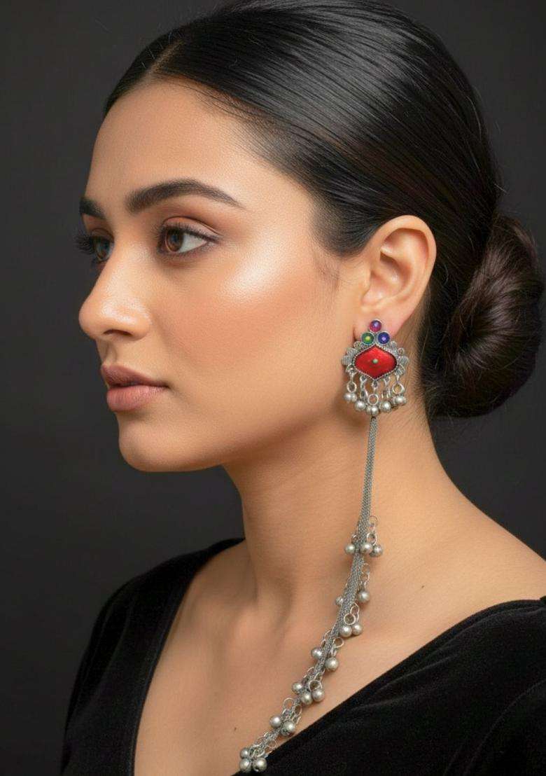 Silver-Plated Oxidised Artificial Stones & Beads Studded Geometric Kashmiri Long Drop Earrings for Women | Traditional Ethnic Jewellery for Wedding & Festive Wear | Gift for Her - Indya