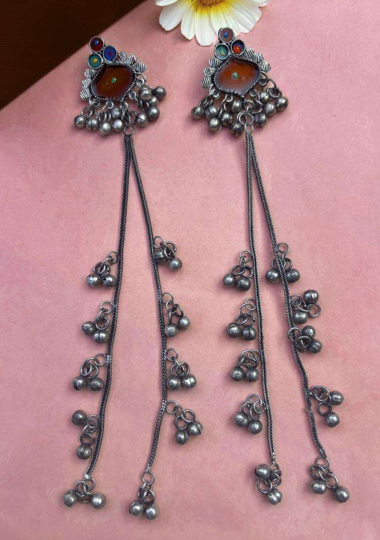 Silver-Plated Oxidised Artificial Stones & Beads Studded Geometric Kashmiri Long Drop Earrings for Women | Traditional Ethnic Jewellery for Wedding & Festive Wear | Gift for Her - Indya