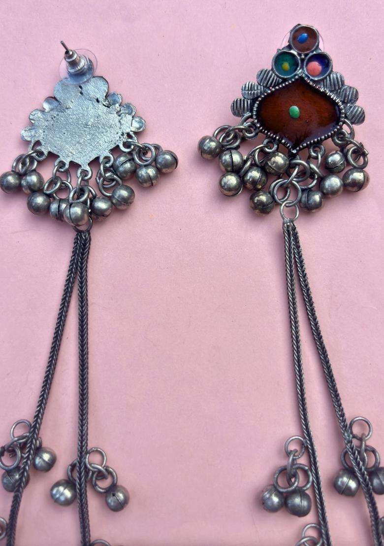 Silver-Plated Oxidised Artificial Stones & Beads Studded Geometric Kashmiri Long Drop Earrings for Women | Traditional Ethnic Jewellery for Wedding & Festive Wear | Gift for Her - Indya