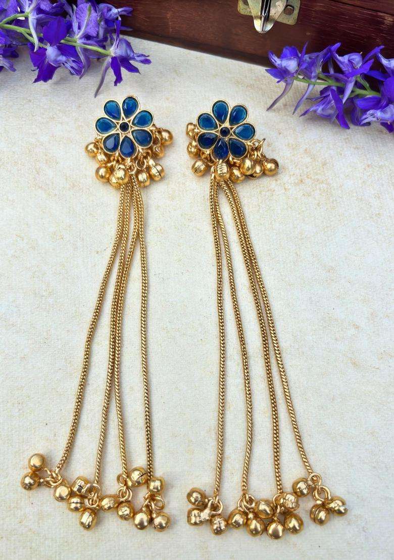 Gold-Plated Floral Blue Stone Studded Ghungaroo Kashmiri Drop Earrings with Kundan for Women | Traditional Ethnic Jewellery for Wedding & Festive Wear | Gift for Her - Indya