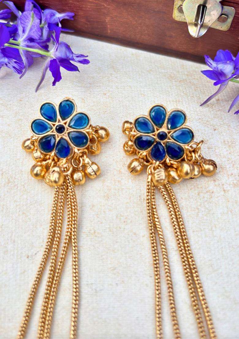 Gold-Plated Floral Blue Stone Studded Ghungaroo Kashmiri Drop Earrings with Kundan for Women | Traditional Ethnic Jewellery for Wedding & Festive Wear | Gift for Her - Indya