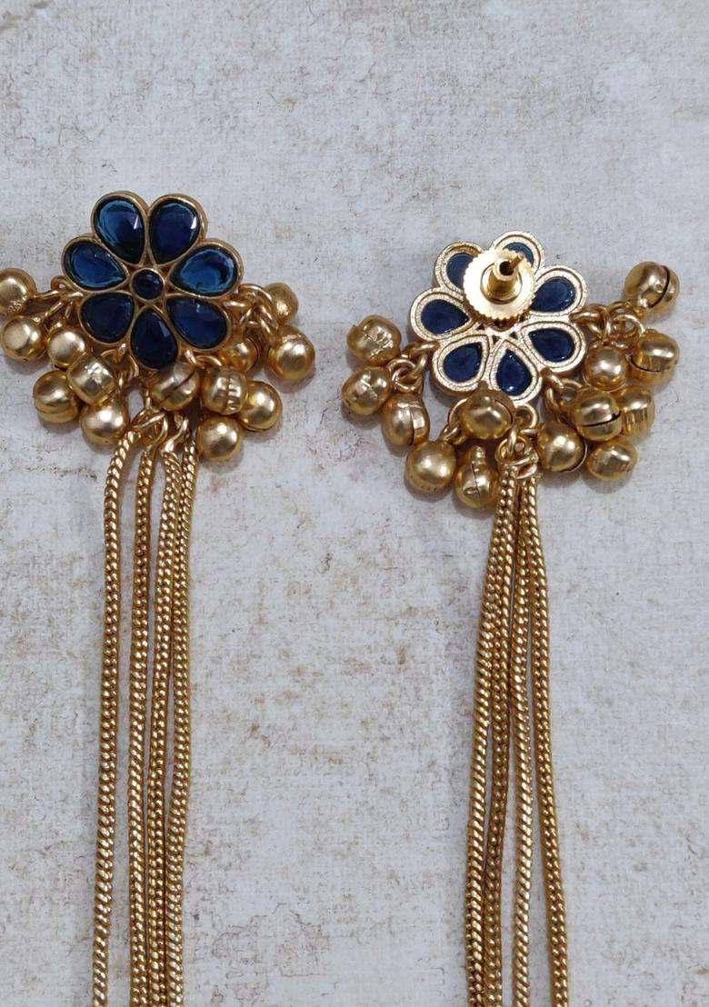 Gold-Plated Floral Blue Stone Studded Ghungaroo Kashmiri Drop Earrings with Kundan for Women | Traditional Ethnic Jewellery for Wedding & Festive Wear | Gift for Her - Indya