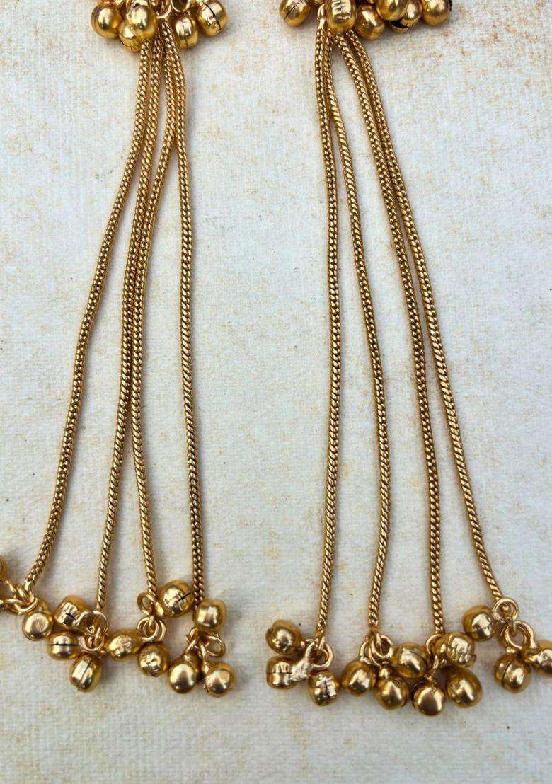 Gold-Plated Floral Blue Stone Studded Ghungaroo Kashmiri Drop Earrings with Kundan for Women | Traditional Ethnic Jewellery for Wedding & Festive Wear | Gift for Her - Indya