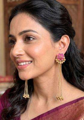 Gold-Plated Floral Magenta Stone Studded Ghungaroo Kashmiri Drop Earrings with Kundan for Women | Traditional Ethnic Jewellery for Wedding & Festive Wear | Gift for Her
