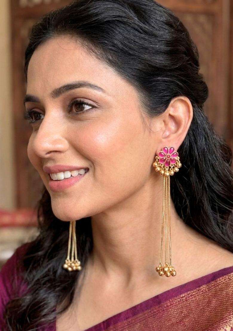 Gold-Plated Floral Magenta Stone Studded Ghungaroo Kashmiri Drop Earrings with Kundan for Women | Traditional Ethnic Jewellery for Wedding & Festive Wear | Gift for Her - Indya