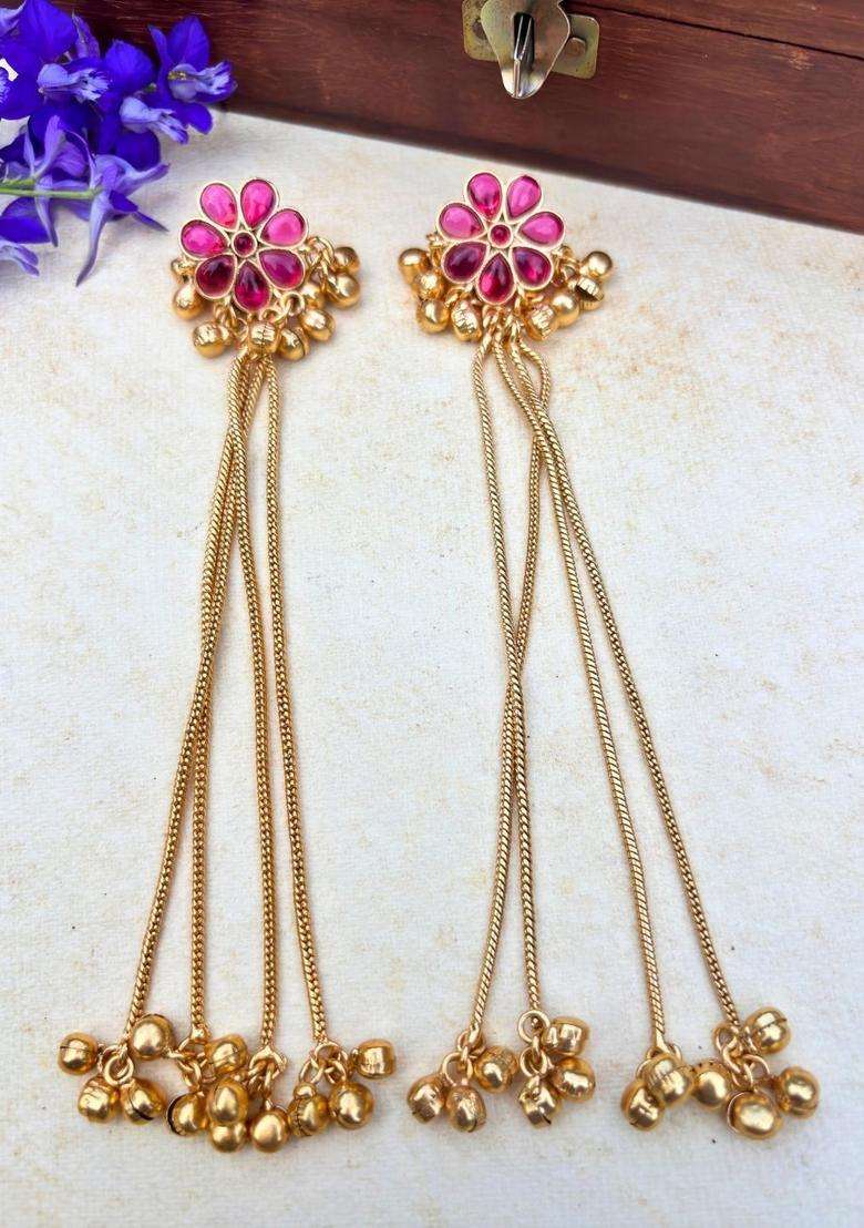 Gold-Plated Floral Magenta Stone Studded Ghungaroo Kashmiri Drop Earrings with Kundan for Women | Traditional Ethnic Jewellery for Wedding & Festive Wear | Gift for Her - Indya
