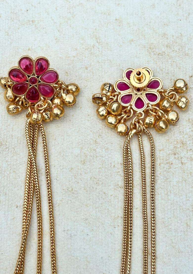 Gold-Plated Floral Magenta Stone Studded Ghungaroo Kashmiri Drop Earrings with Kundan for Women | Traditional Ethnic Jewellery for Wedding & Festive Wear | Gift for Her - Indya