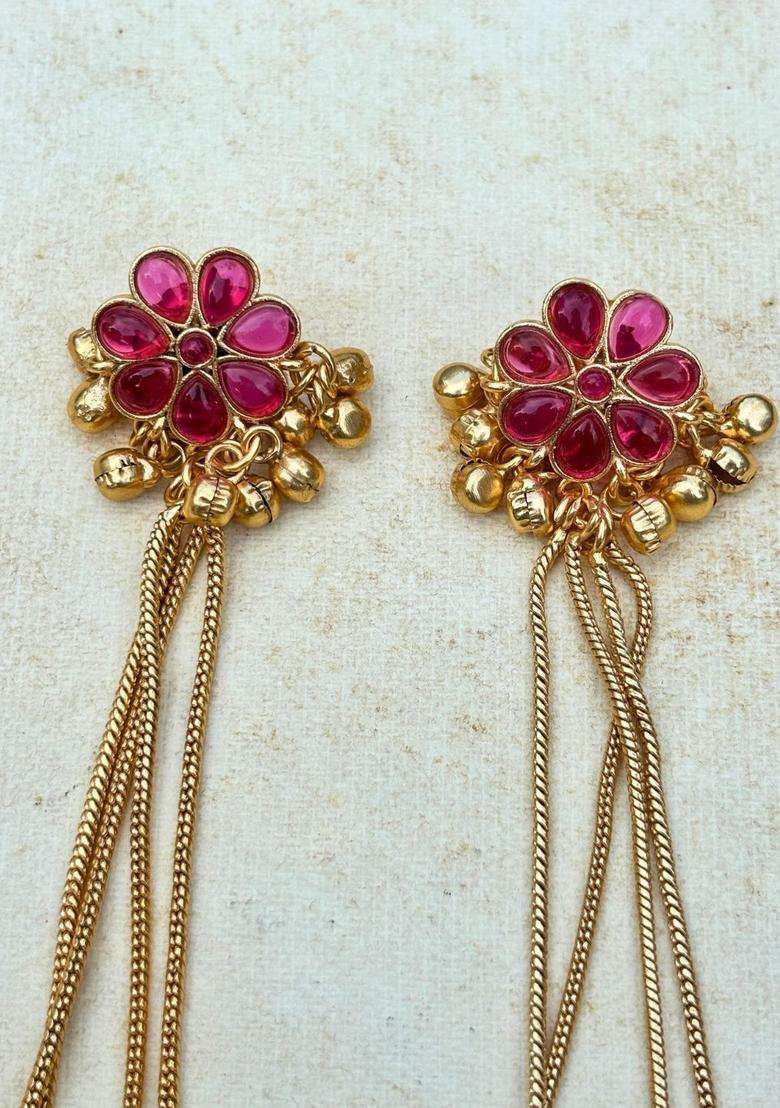 Gold-Plated Floral Magenta Stone Studded Ghungaroo Kashmiri Drop Earrings with Kundan for Women | Traditional Ethnic Jewellery for Wedding & Festive Wear | Gift for Her - Indya