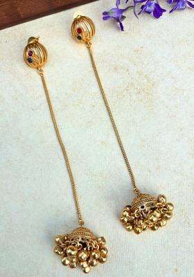 Gold-Plated Long Chain Jhumka Multicolor Stones Dome Shaped Drop Earrings for Women | Traditional Ethnic Jewellery for Wedding & Festive Wear | Gift for Her