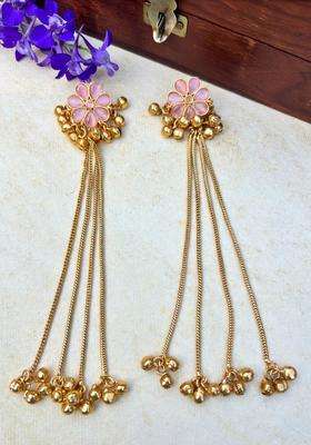 Gold-Plated Floral Pink Stone Studded Ghungaroo Kashmiri Drop Earrings with Kundan for Women | Traditional Ethnic Jewellery for Wedding & Festive Wear | Gift for Her