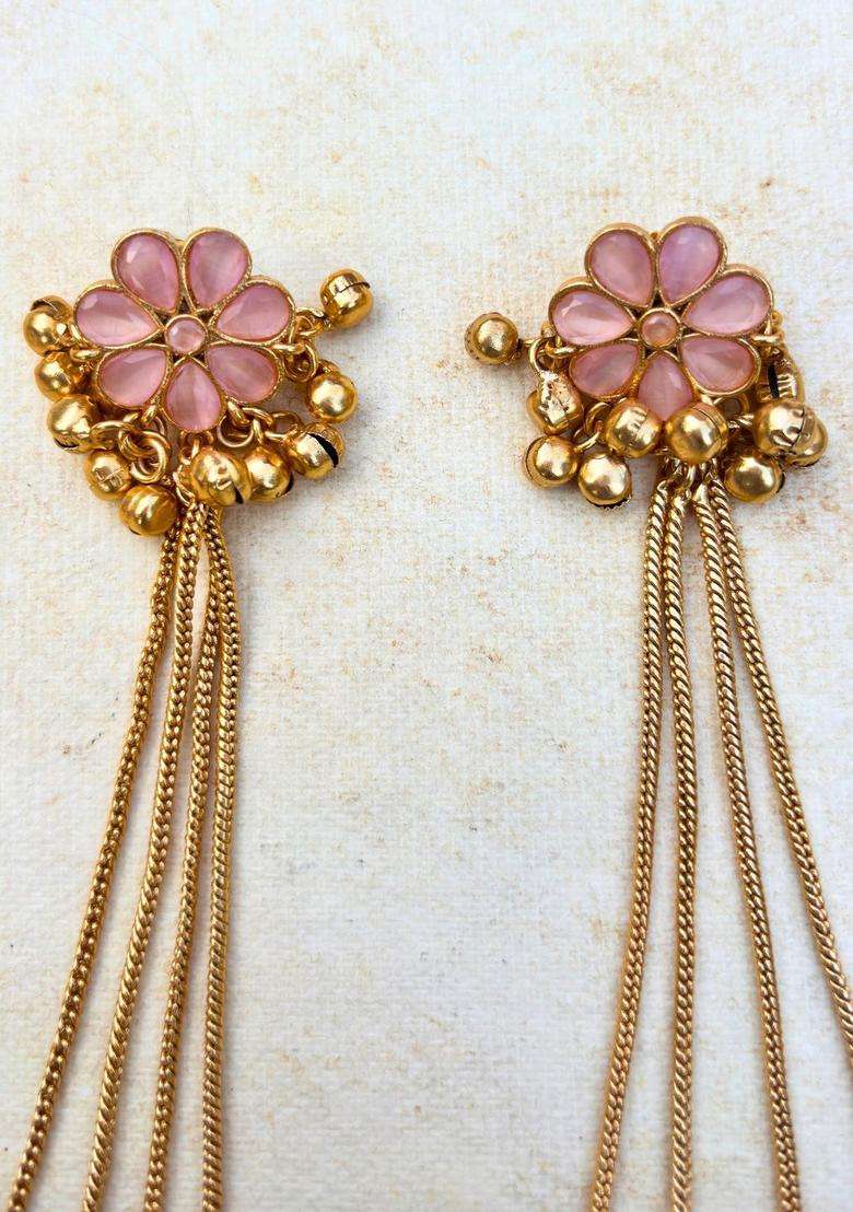 Gold-Plated Floral Pink Stone Studded Ghungaroo Kashmiri Drop Earrings with Kundan for Women | Traditional Ethnic Jewellery for Wedding & Festive Wear | Gift for Her - Indya