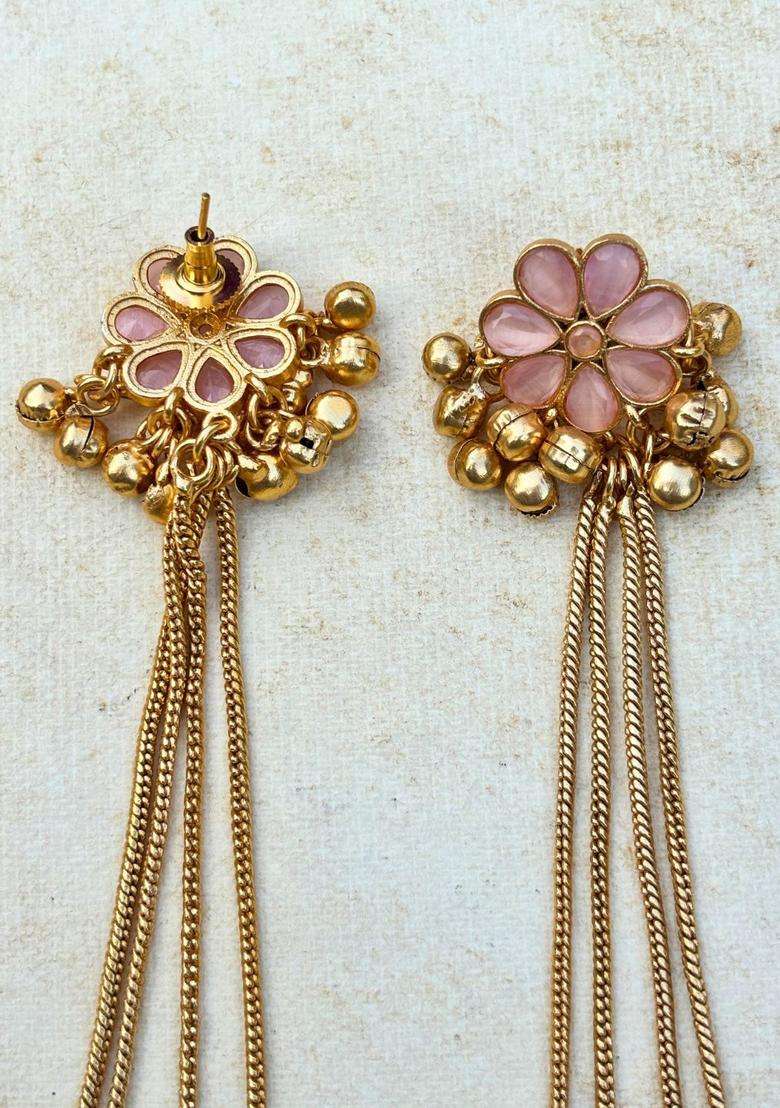 Gold-Plated Floral Pink Stone Studded Ghungaroo Kashmiri Drop Earrings with Kundan for Women | Traditional Ethnic Jewellery for Wedding & Festive Wear | Gift for Her - Indya