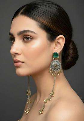 Silver-Plated Oxidised Green Artificial Stones & Beads Studded Geometric Kashmiri Long Drop Earrings for Women | Traditional Ethnic Jewellery for Wedding & Festive Wear | Gift for Her