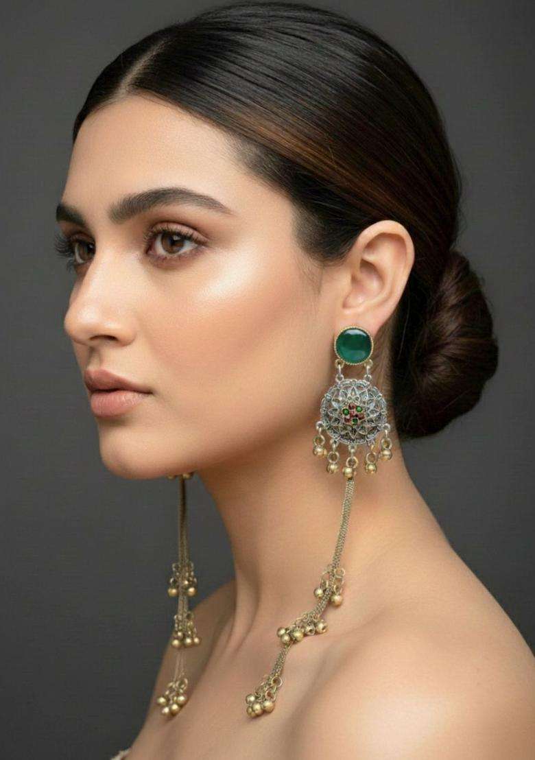 Silver-Plated Oxidised Green Artificial Stones & Beads Studded Geometric Kashmiri Long Drop Earrings for Women | Traditional Ethnic Jewellery for Wedding & Festive Wear | Gift for Her - Indya