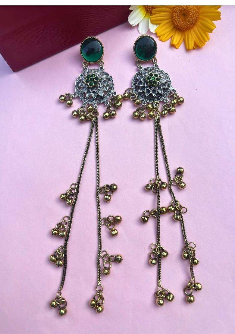 Silver-Plated Oxidised Green Artificial Stones & Beads Studded Geometric Kashmiri Long Drop Earrings for Women | Traditional Ethnic Jewellery for Wedding & Festive Wear | Gift for Her - Indya