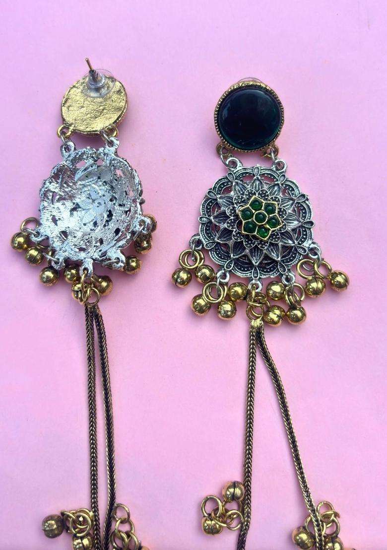 Silver-Plated Oxidised Green Artificial Stones & Beads Studded Geometric Kashmiri Long Drop Earrings for Women | Traditional Ethnic Jewellery for Wedding & Festive Wear | Gift for Her - Indya