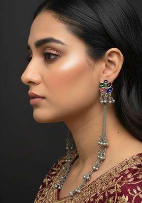 Silver-Plated Oxidised Artificial Stones & Beads Studded Geometric Kashmiri Long Drop Earrings for Women | Traditional Ethnic Jewellery for Wedding & Festive Wear | Gift for Her