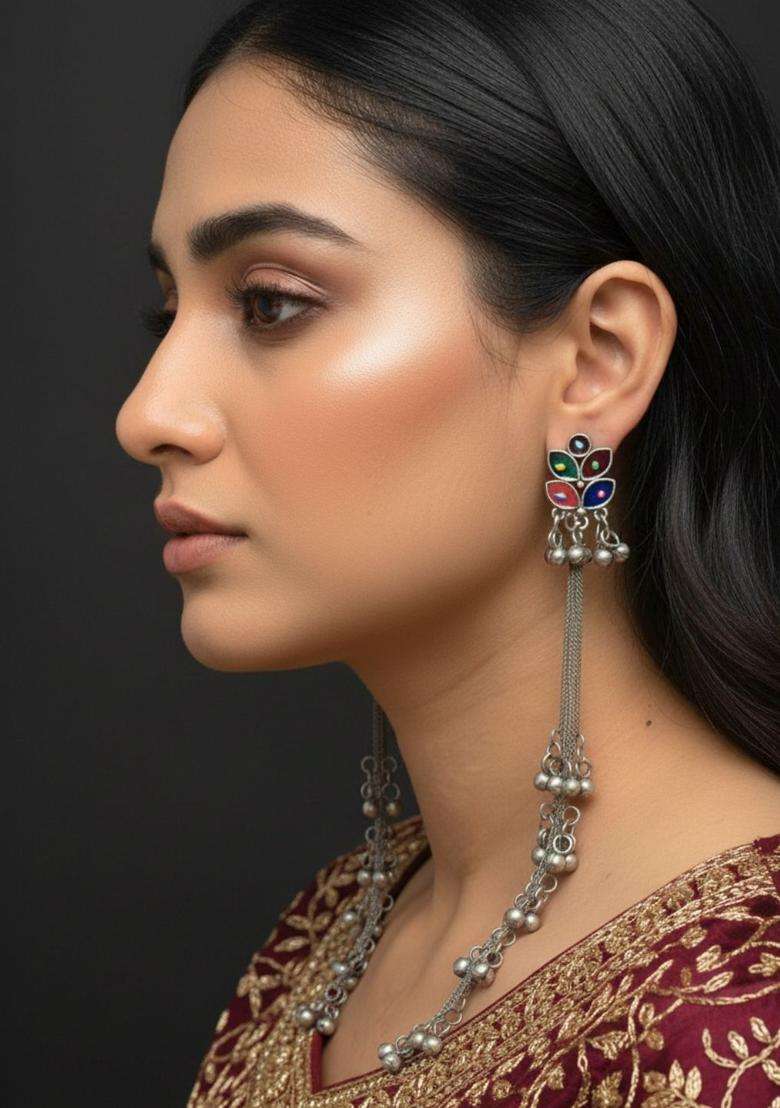Silver-Plated Oxidised Artificial Stones & Beads Studded Geometric Kashmiri Long Drop Earrings for Women | Traditional Ethnic Jewellery for Wedding & Festive Wear | Gift for Her - Indya