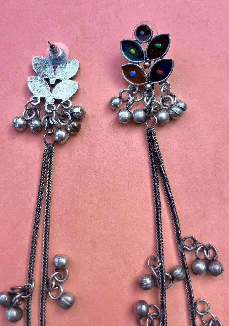 Silver-Plated Oxidised Artificial Stones & Beads Studded Geometric Kashmiri Long Drop Earrings for Women | Traditional Ethnic Jewellery for Wedding & Festive Wear | Gift for Her - Indya