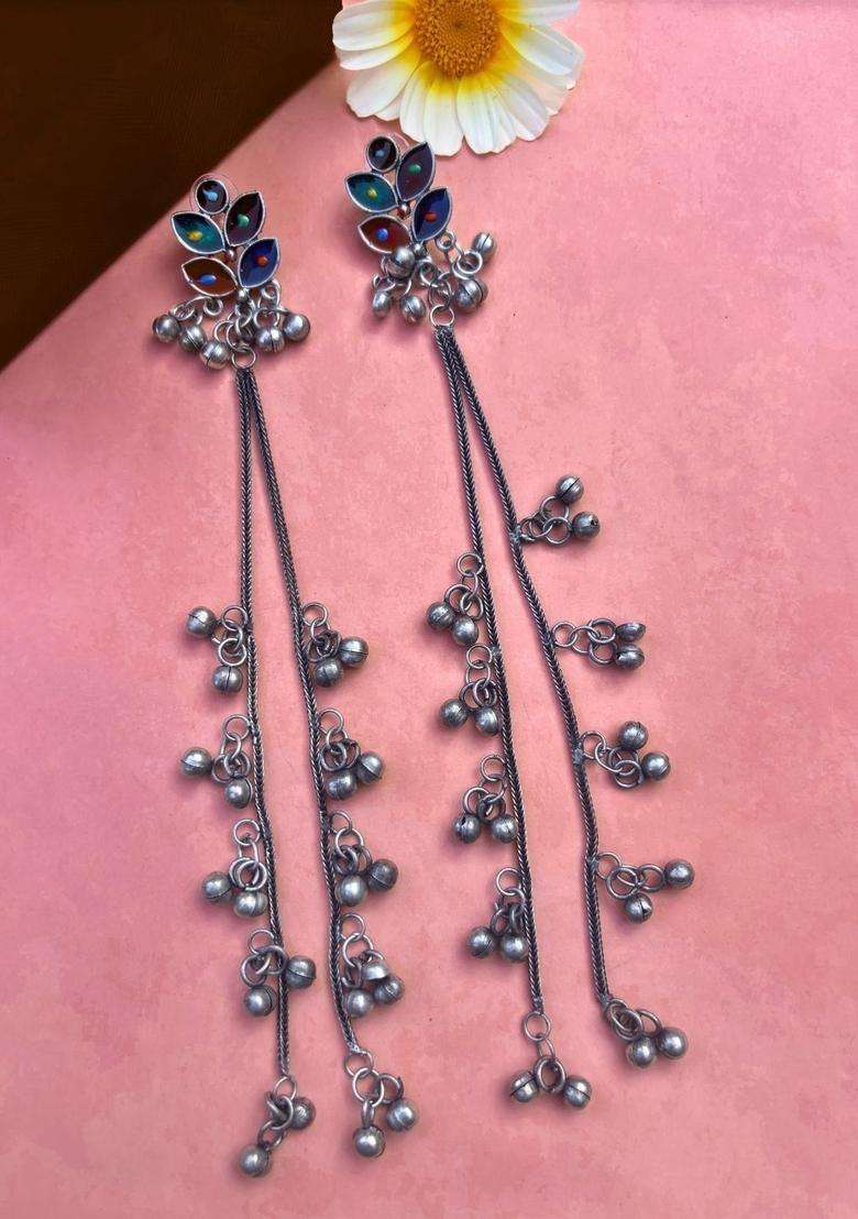 Silver-Plated Oxidised Artificial Stones & Beads Studded Geometric Kashmiri Long Drop Earrings for Women | Traditional Ethnic Jewellery for Wedding & Festive Wear | Gift for Her - Indya