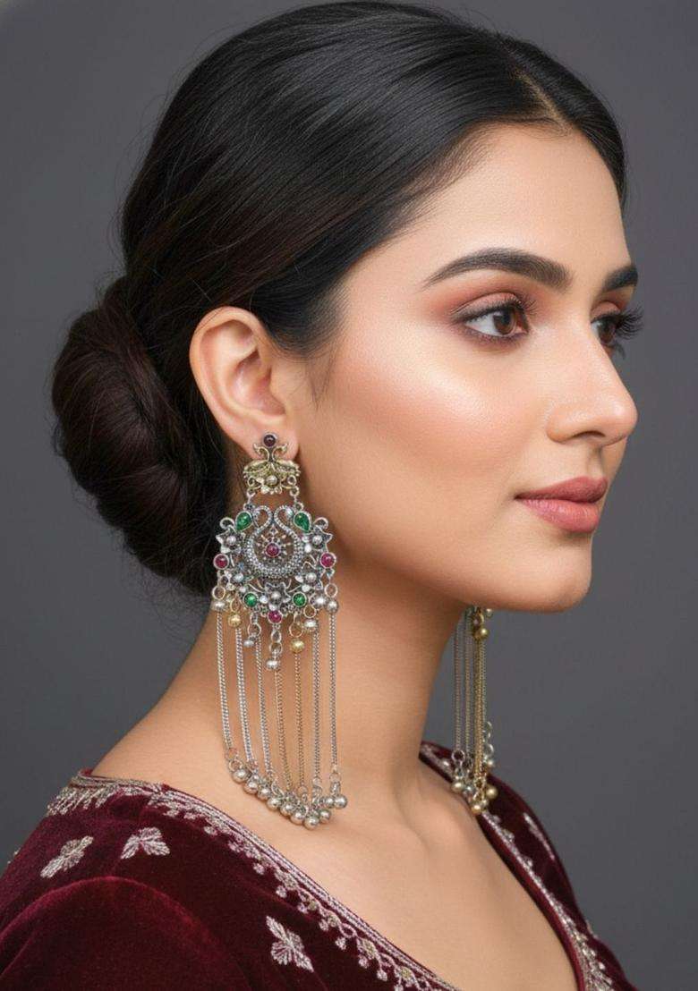 Silver-Plated Flower Motif & Ghungroo Beaded Shoulder Duster Drop Earrings for Women | Traditional Ethnic Jewellery for Wedding & Festive Wear | Gift for Her - Indya