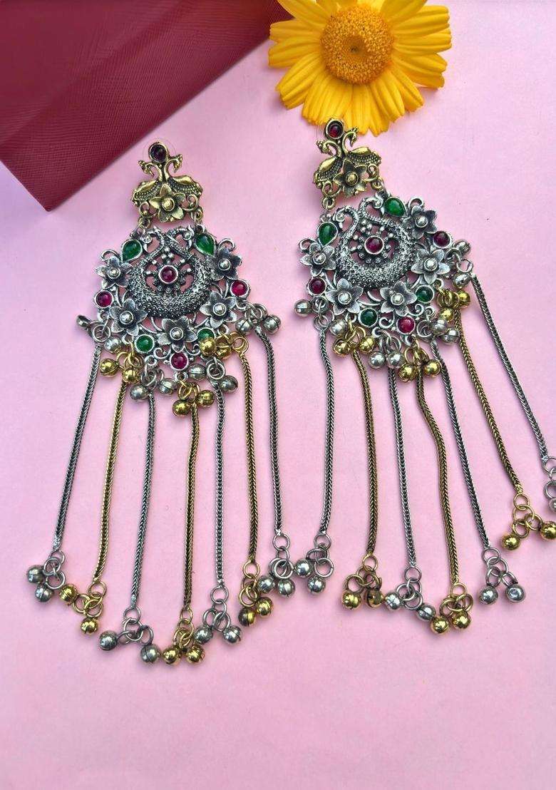 Silver-Plated Flower Motif & Ghungroo Beaded Shoulder Duster Drop Earrings for Women | Traditional Ethnic Jewellery for Wedding & Festive Wear | Gift for Her - Indya