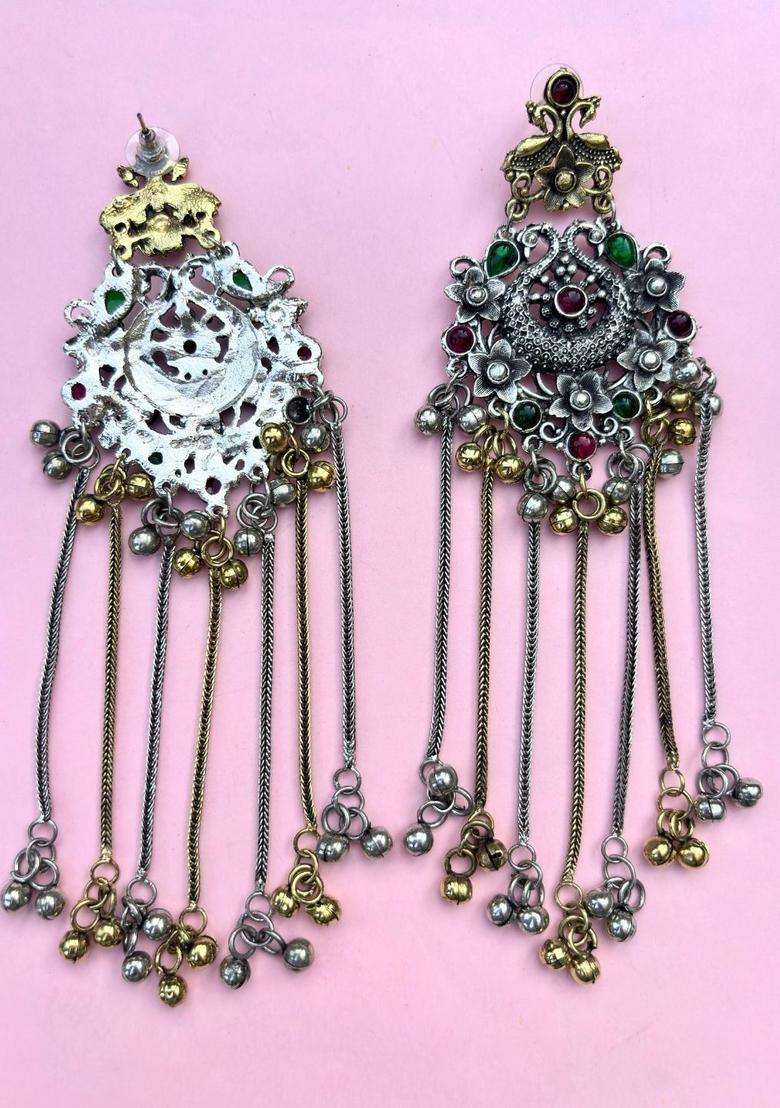 Silver-Plated Flower Motif & Ghungroo Beaded Shoulder Duster Drop Earrings for Women | Traditional Ethnic Jewellery for Wedding & Festive Wear | Gift for Her - Indya