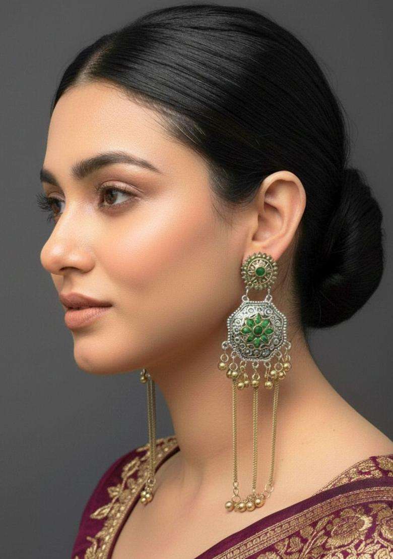 Silver-Plated Flower Motif & Ghungroo Beaded Shoulder Duster Drop Earrings for Women | Traditional Ethnic Jewellery for Wedding & Festive Wear | Gift for Her - Indya