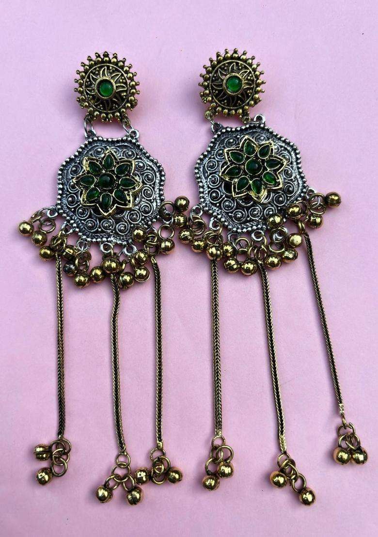Silver-Plated Flower Motif & Ghungroo Beaded Shoulder Duster Drop Earrings for Women | Traditional Ethnic Jewellery for Wedding & Festive Wear | Gift for Her - Indya