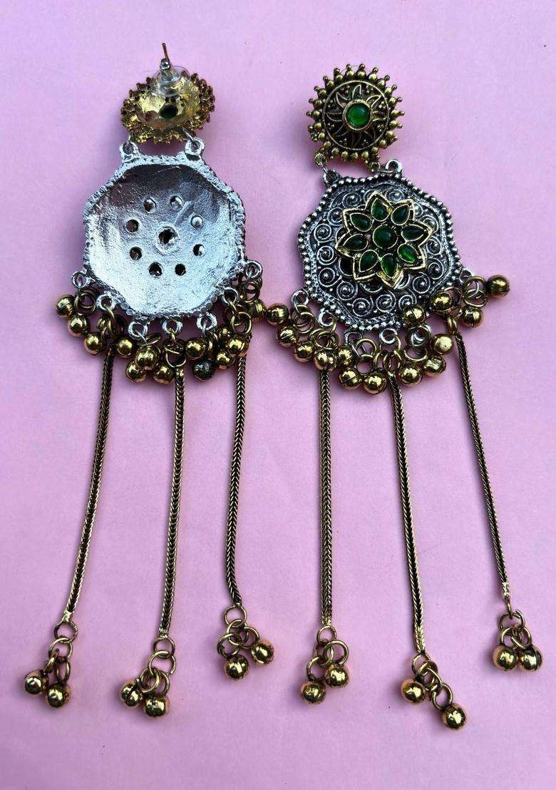 Silver-Plated Flower Motif & Ghungroo Beaded Shoulder Duster Drop Earrings for Women | Traditional Ethnic Jewellery for Wedding & Festive Wear | Gift for Her - Indya