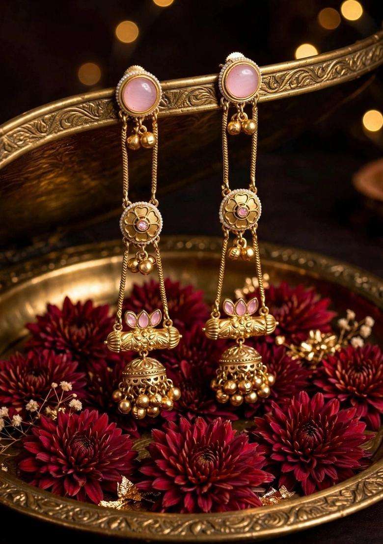 Gold-Plated Pink Kundan Stone Studded Long Chain Kashmiri Jhumka Earrings for Women | Traditional Ethnic Jewellery for Wedding & Festive Wear | Gift for Her - Indya