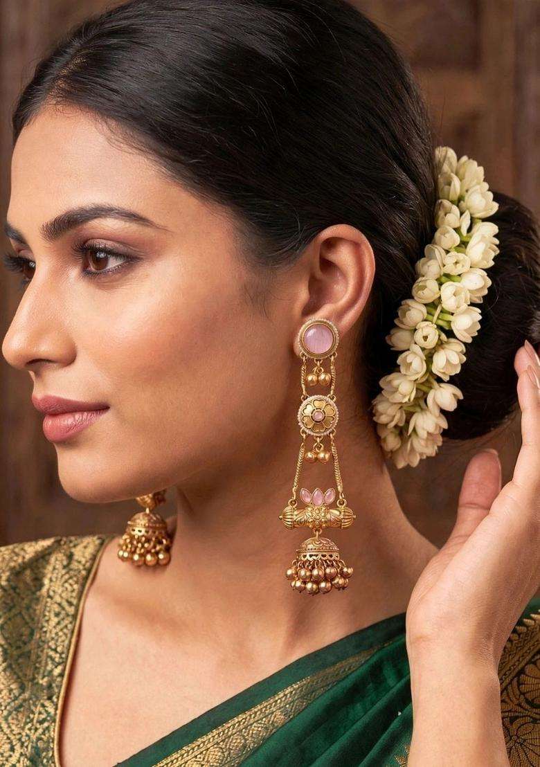 Gold-Plated Pink Kundan Stone Studded Long Chain Kashmiri Jhumka Earrings for Women | Traditional Ethnic Jewellery for Wedding & Festive Wear | Gift for Her - Indya