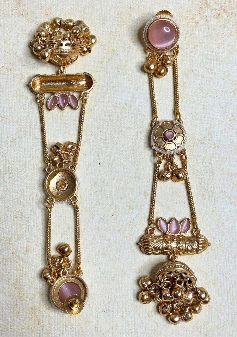 Gold-Plated Pink Kundan Stone Studded Long Chain Kashmiri Jhumka Earrings for Women | Traditional Ethnic Jewellery for Wedding & Festive Wear | Gift for Her - Indya