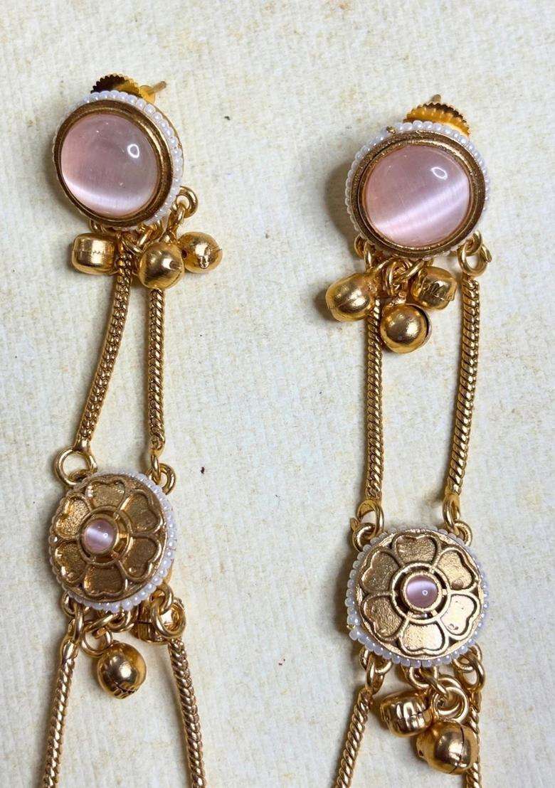 Gold-Plated Pink Kundan Stone Studded Long Chain Kashmiri Jhumka Earrings for Women | Traditional Ethnic Jewellery for Wedding & Festive Wear | Gift for Her - Indya