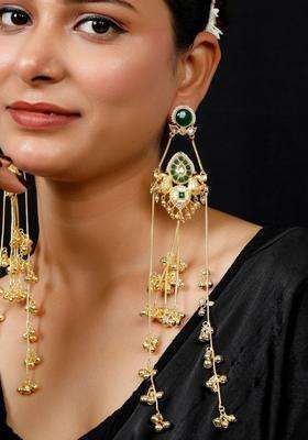 Gold-Plated Green Kundan Long Drop Kashmiri Earrings with Ghungroo for Women | Traditional Ethnic Jewellery for Wedding & Festive Wear | Gift for Her