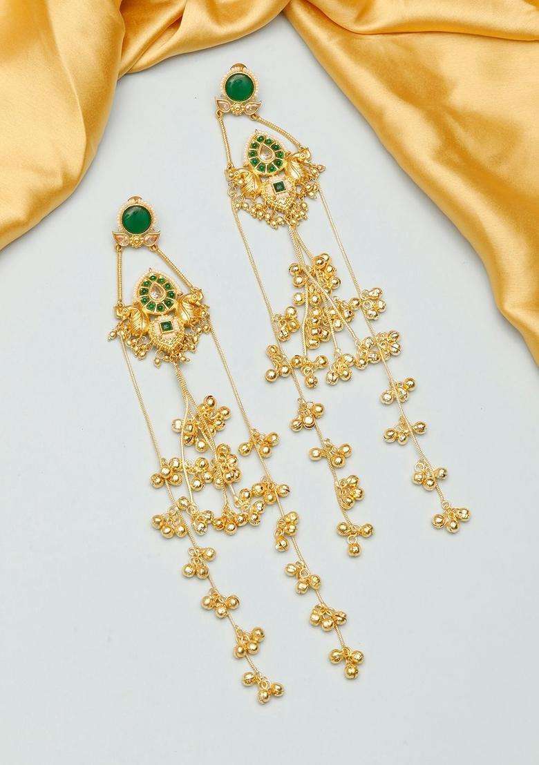 Gold-Plated Green Kundan Long Drop Kashmiri Earrings with Ghungroo for Women | Traditional Ethnic Jewellery for Wedding & Festive Wear | Gift for Her - Indya