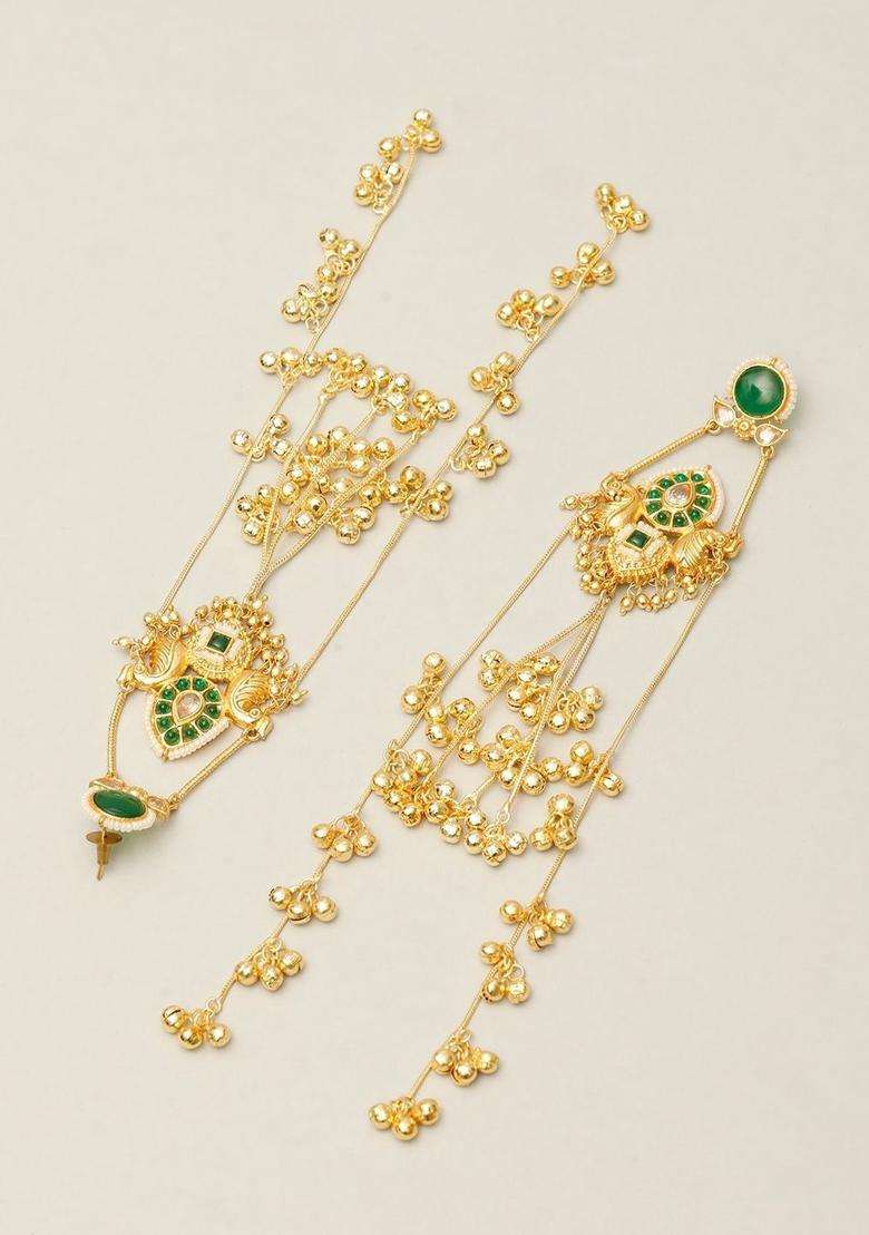 Gold-Plated Green Kundan Long Drop Kashmiri Earrings with Ghungroo for Women | Traditional Ethnic Jewellery for Wedding & Festive Wear | Gift for Her - Indya