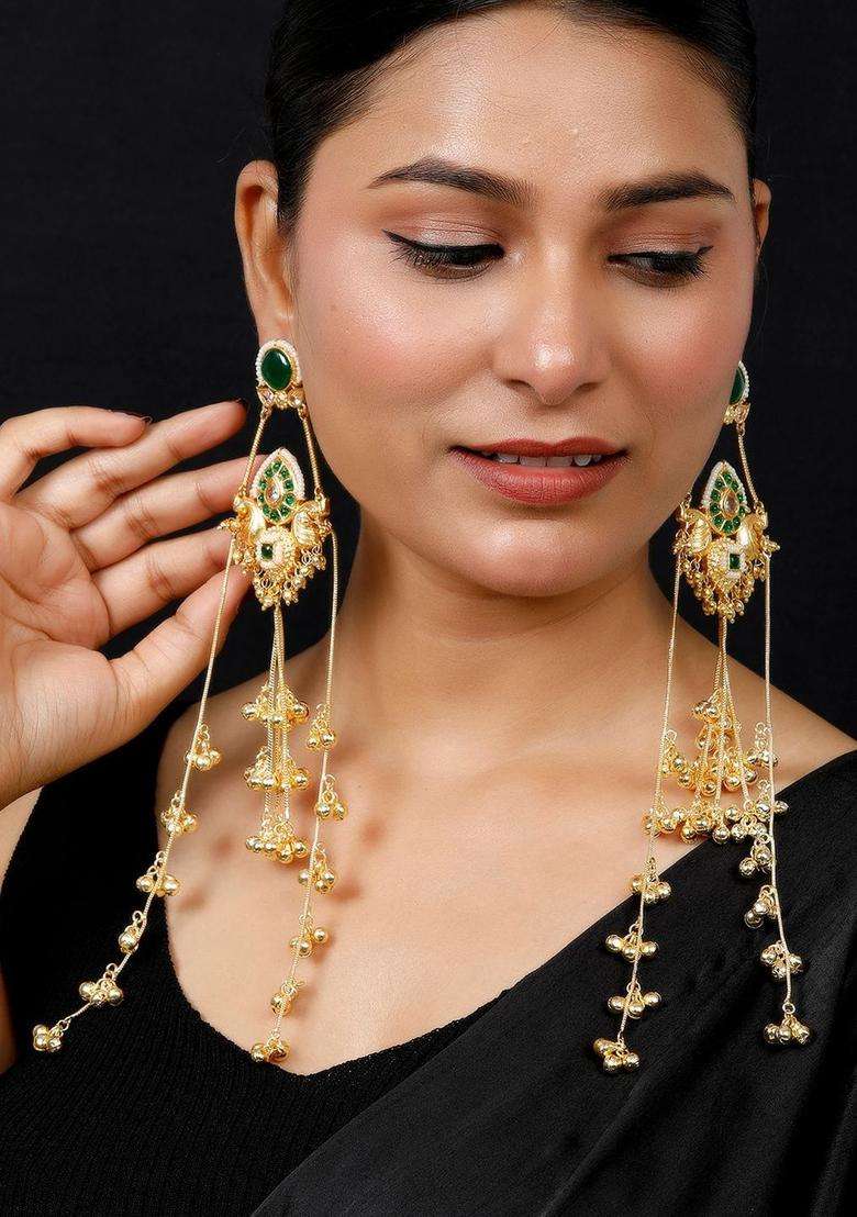 Gold-Plated Green Kundan Long Drop Kashmiri Earrings with Ghungroo for Women | Traditional Ethnic Jewellery for Wedding & Festive Wear | Gift for Her - Indya