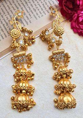 Gold-Plated White Stone Studded Dome Shaped Jhumka Earrings for Women | Traditional Ethnic Jewellery for Wedding & Festive Wear | Gift for Her